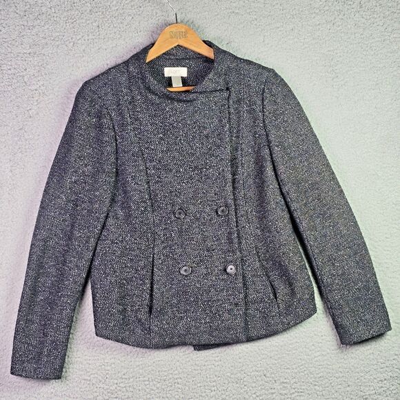 Loft Tweed Double Breasted Gray Crop Jacket Blazer Medium Trendy Structured - Picture 1 of 15